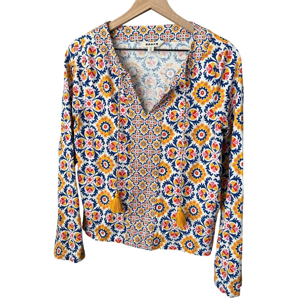 Boden Serena Print Tie Neck Cotton Blouse Size 4